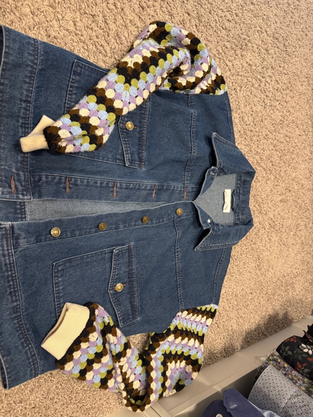 Anthropologie Blue Denim Jacket with Multicolor Crochet Sleeves